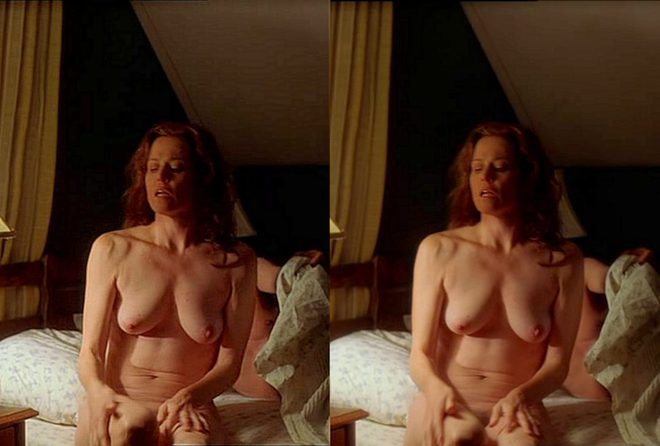 Sigourney Weaver, naked on the bed on 'A Map of the World'