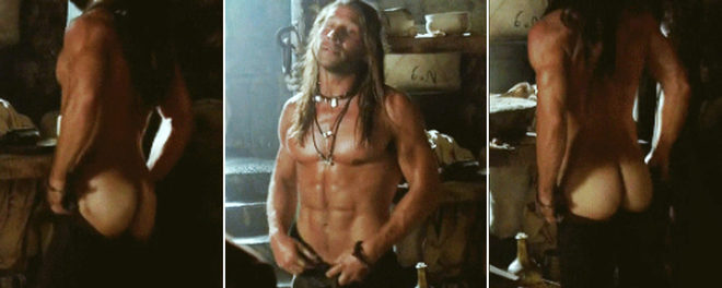 Zach McGowan shows his ass half-naked barecheasted.