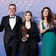 Aitor Belenguer, Yasmina Praderas and Fabiola Ordoyo at the winner's carpet of the 2023 Goya Awards