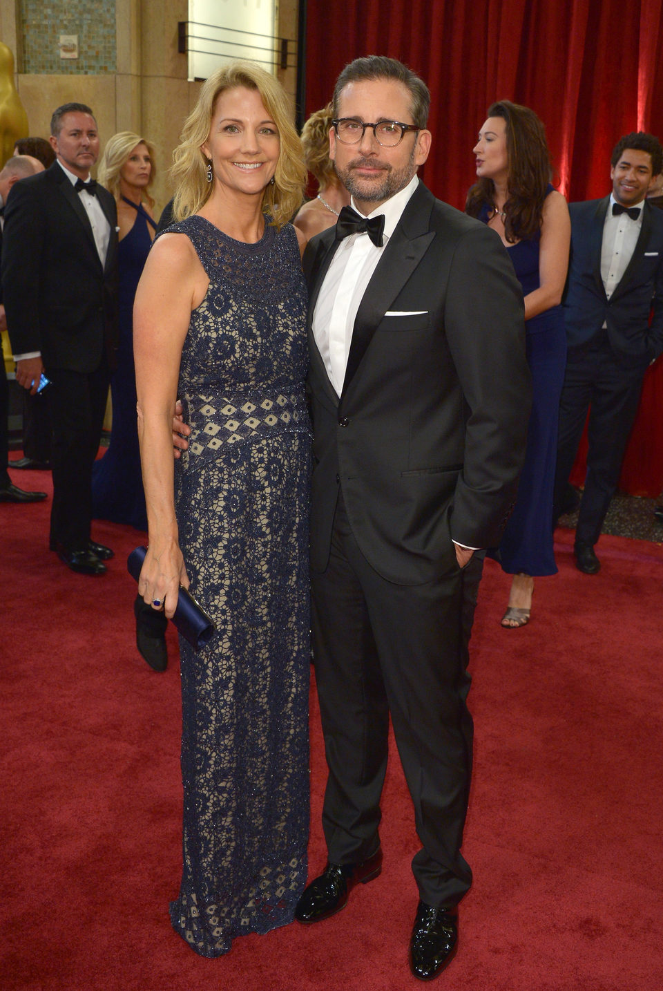 Steve Carell next to his wife Nancy Carell at the Oscars Awards 2015 red carpet