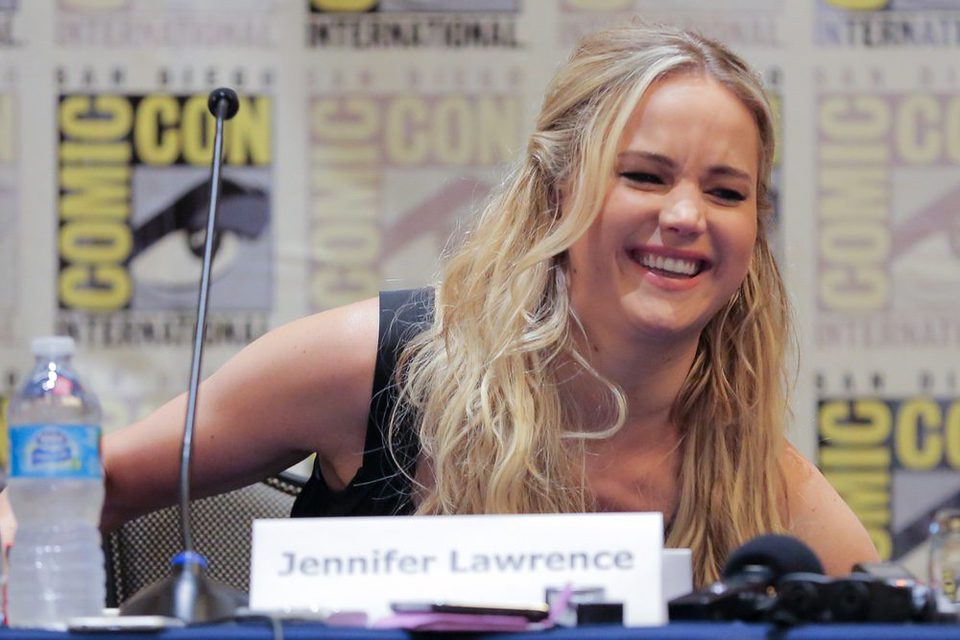 Jennifer Lawrence laughing at the press conference in Comic-Con 2015