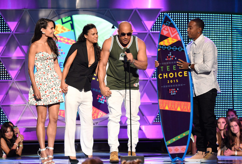 Actors Jordana Brewster, Michelle Rodriguez, Vin Diesel and Ludacris accept the Choice Movie: Action Award for Furious 7 onstage during the Teen Choice Awa