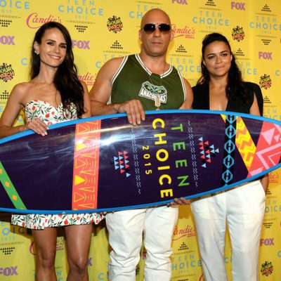 Actors Jordana Brewster, Vin Diesel, and Michelle Rodriguez, winner of the Choice Movie: Action Award for Furious 7 pose in the press room during the Teen 