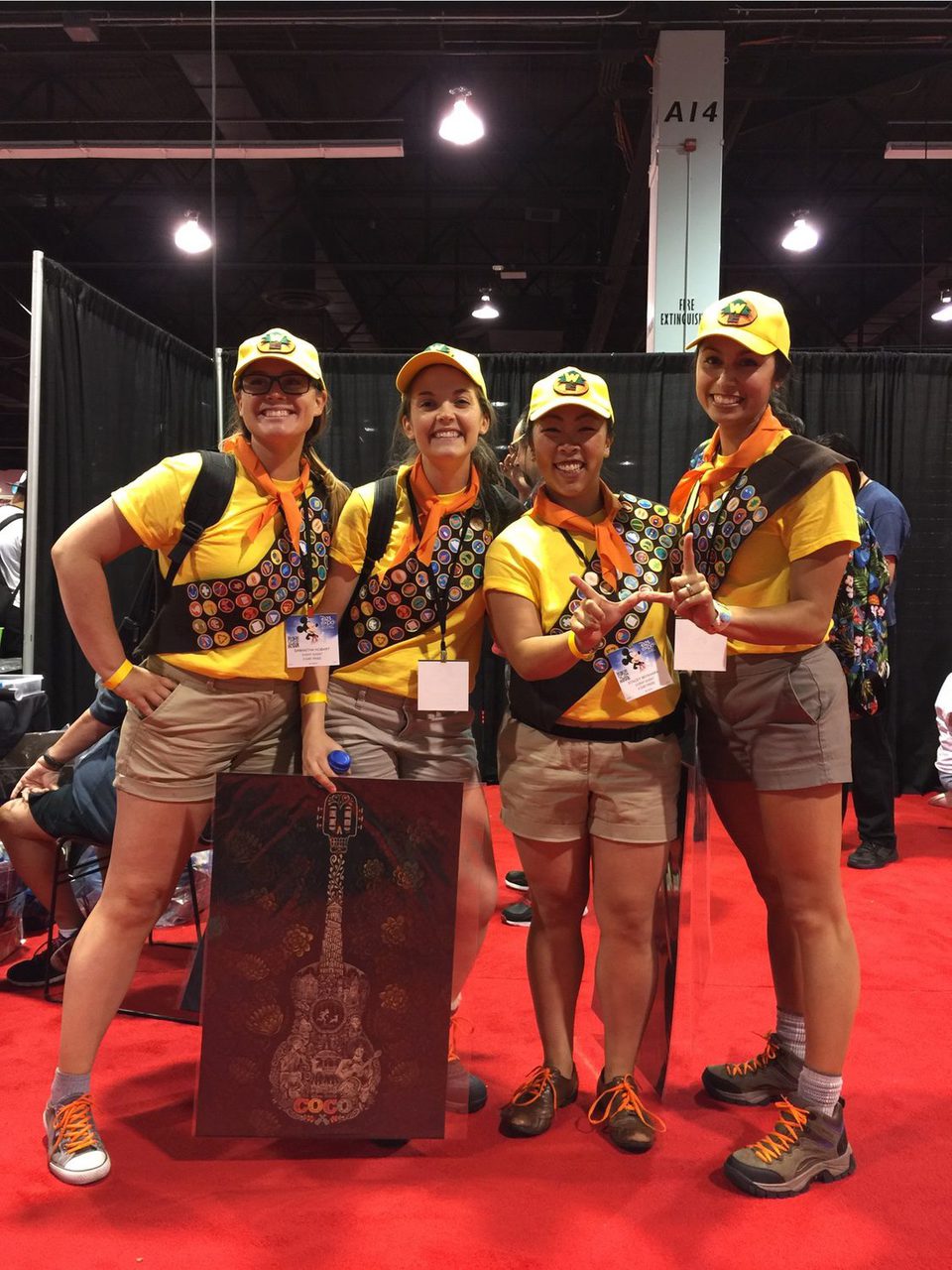 A Group of fans dressed up like the scouts from 'Up' in the D23