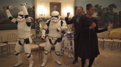 Barack and Michelle Obama dance with R2-D2 for Star Wars Day